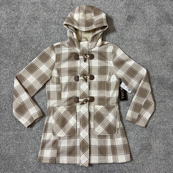 Big Chill Coat Womens Medium Tan Plaid Hooded Toggle Duffle Zip Pockets Sherpa - Picture 1 of 12